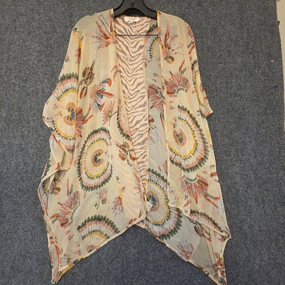 Umgee Blouse Womens M/L Multicolor Floral Sheer Kimono Open Front Boho Top